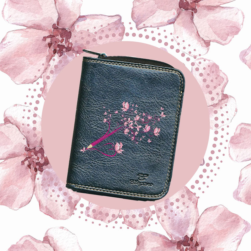 Porte monnaie et carte noir en Simili Cuir pour femme personnalisé Crayon Floral