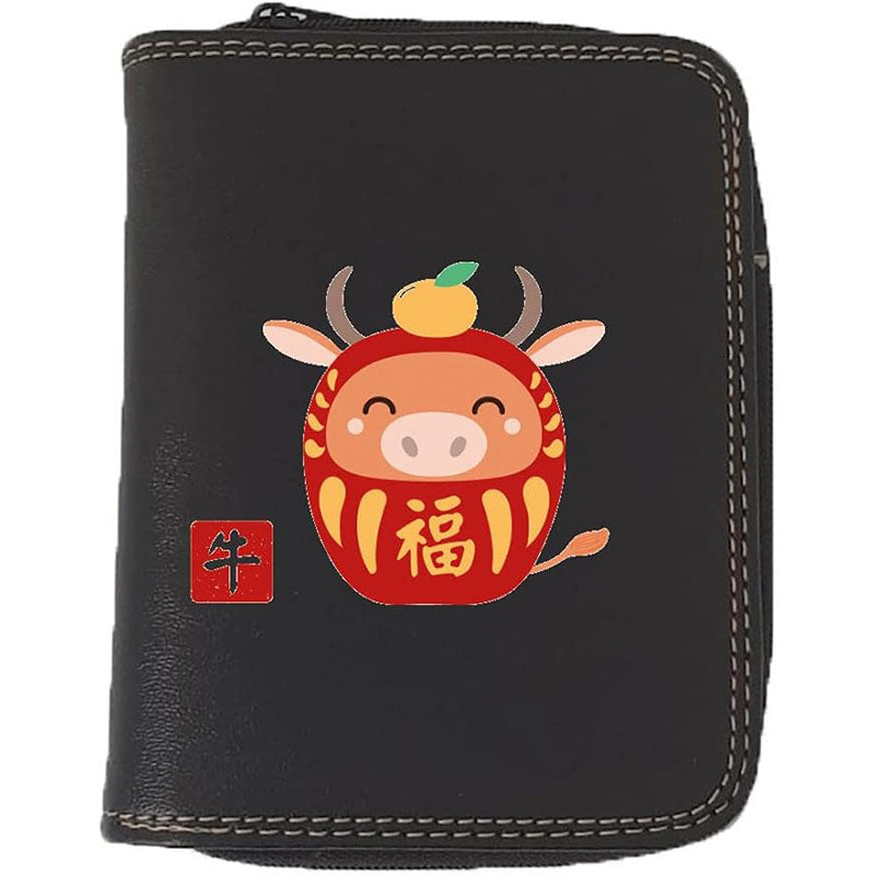 Porte monnaie et carte noir en Simili Cuir personnalisé avec Signe astrologique chinois Daruma