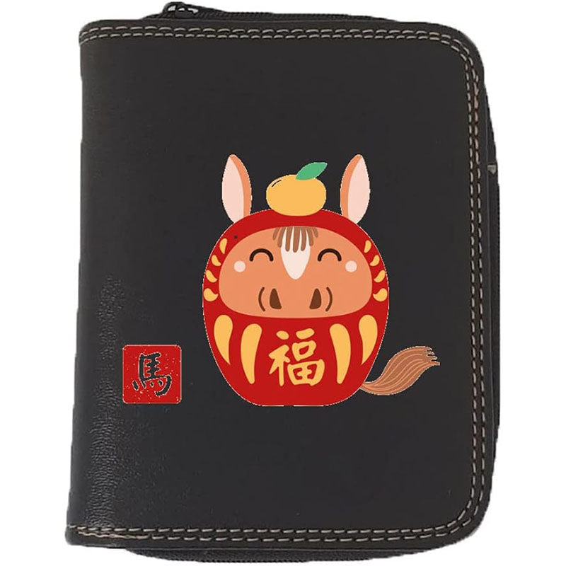 Porte monnaie et carte noir en Simili Cuir personnalisé avec Signe astrologique chinois Daruma