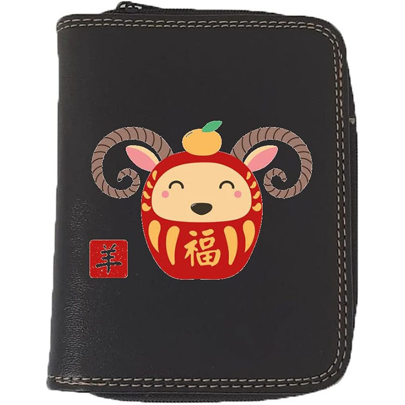 Porte monnaie et carte noir en Simili Cuir personnalisé avec Signe astrologique chinois Daruma