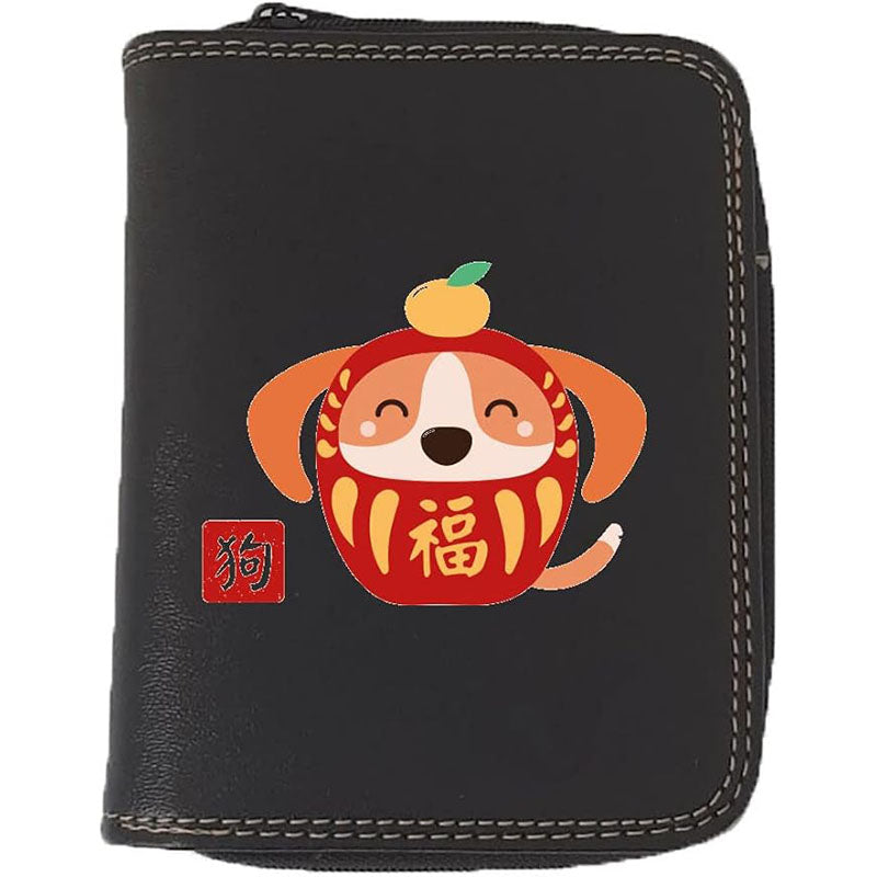 Porte monnaie et carte noir en Simili Cuir personnalisé avec Signe astrologique chinois Daruma