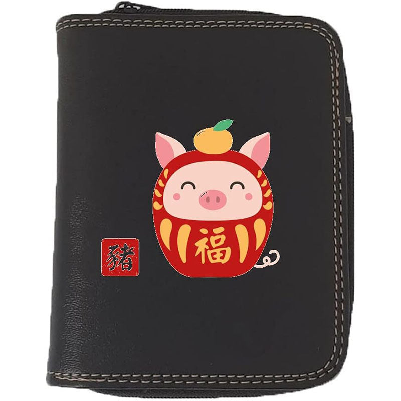 Porte monnaie et carte noir en Simili Cuir personnalisé avec Signe astrologique chinois Daruma