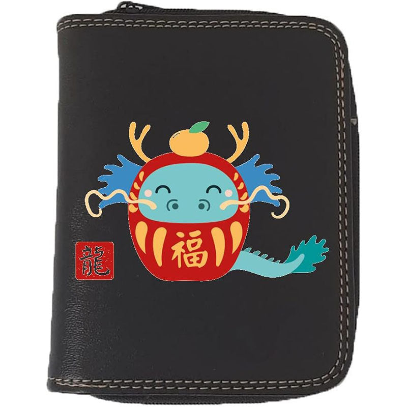 Porte monnaie et carte noir en Simili Cuir personnalisé avec Signe astrologique chinois Daruma
