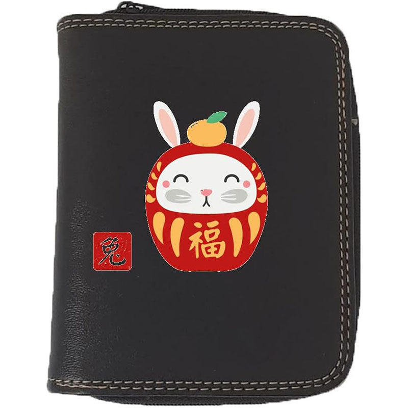Porte monnaie et carte noir en Simili Cuir personnalisé avec Signe astrologique chinois Daruma