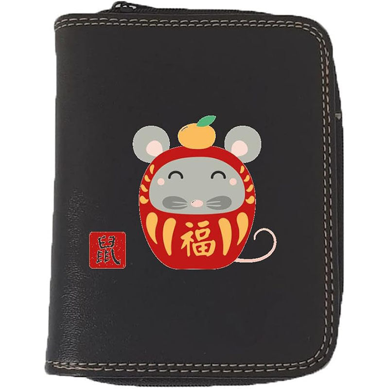 Porte monnaie et carte noir en Simili Cuir personnalisé avec Signe astrologique chinois Daruma
