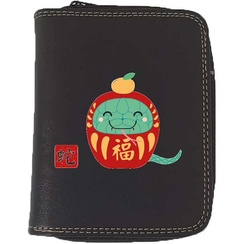 Porte monnaie et carte noir en Simili Cuir personnalisé avec Signe astrologique chinois Daruma