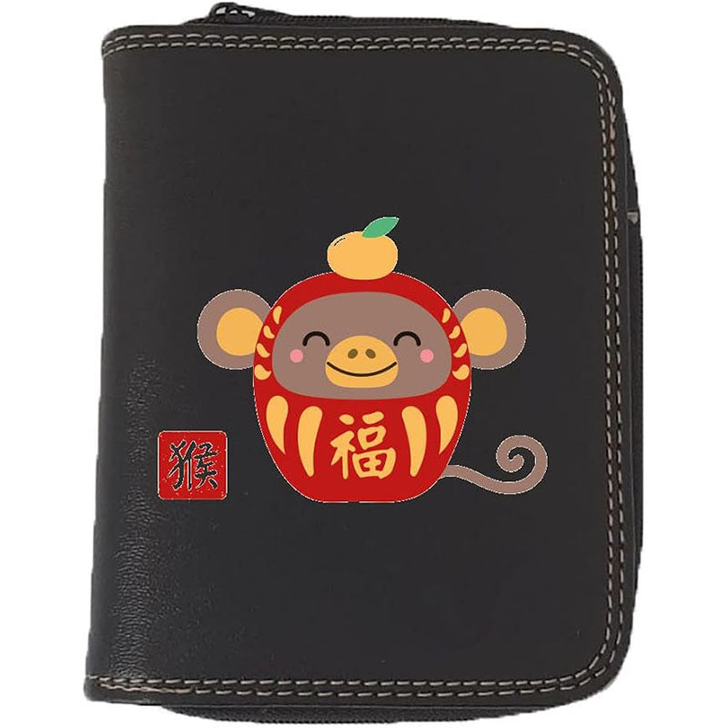 Porte monnaie et carte noir en Simili Cuir personnalisé avec Signe astrologique chinois Daruma