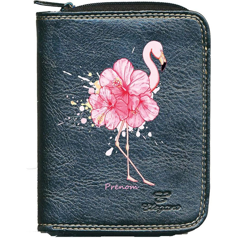 Porte monnaie et carte noir en Simili Cuir pour femme Design Flamant rose