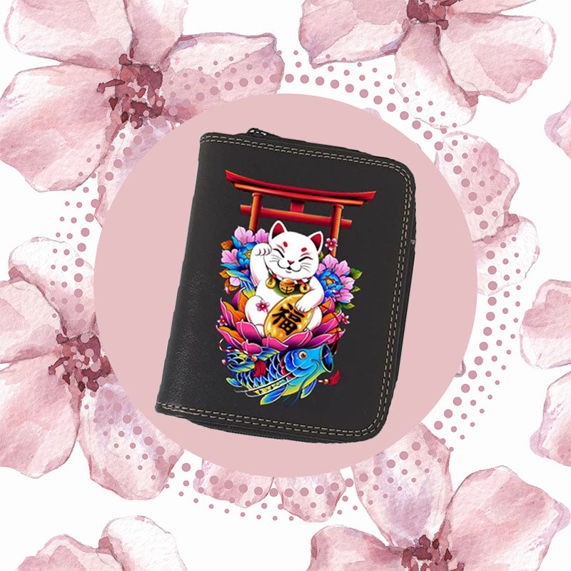 Porte monnaie et carte noir en Simili Cuir pour femme Design Maneki-neko