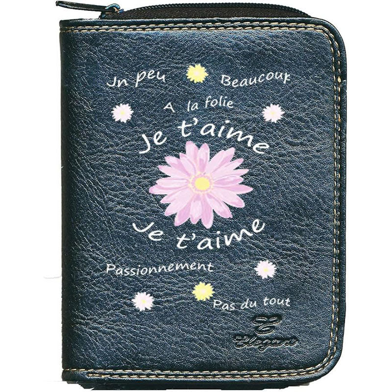 Porte monnaie et carte noir en Simili Cuir pour femme Marguerite je t'aime...