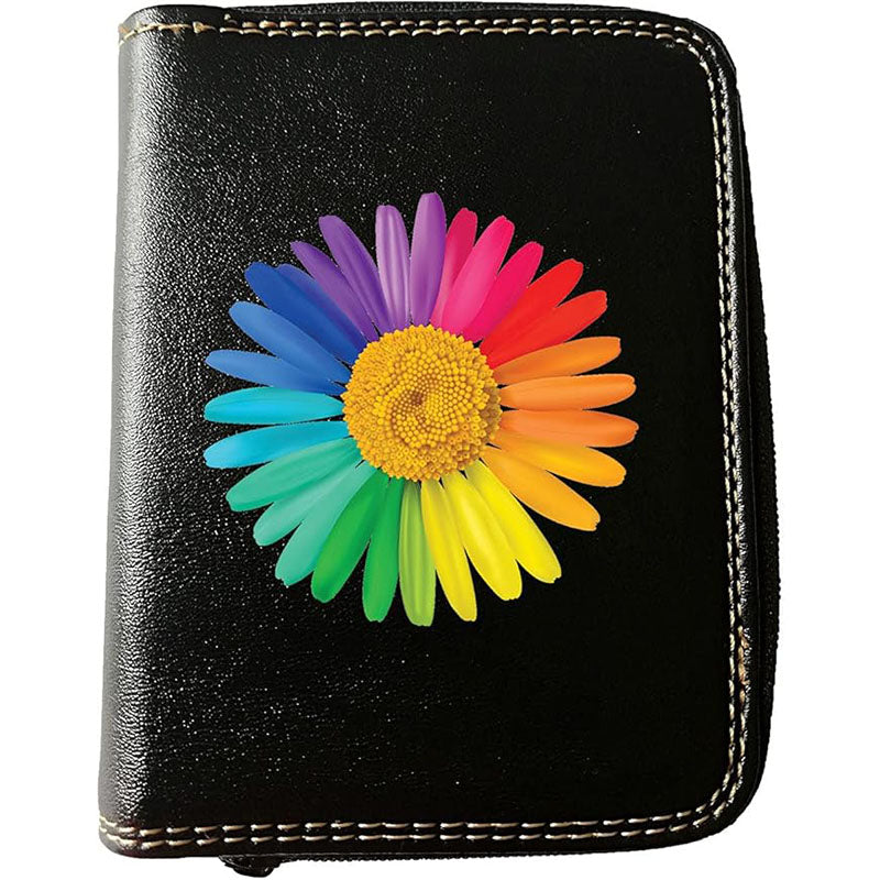 Porte monnaie et carte noir en Simili Cuir pour femme personnalisé Marguerite arc en ciel