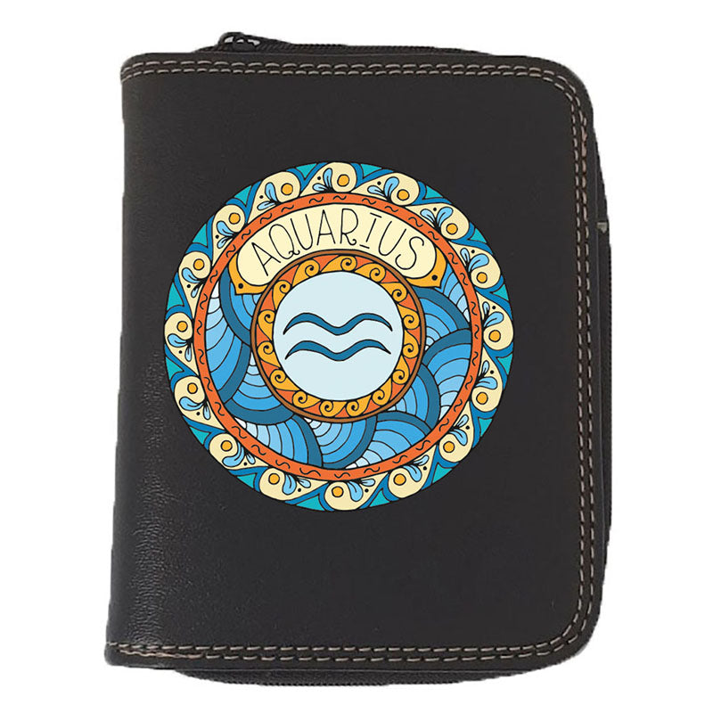 Porte monnaie et carte noir en Simili Cuir personnalisé avec Signe Zodiaque Astrologique