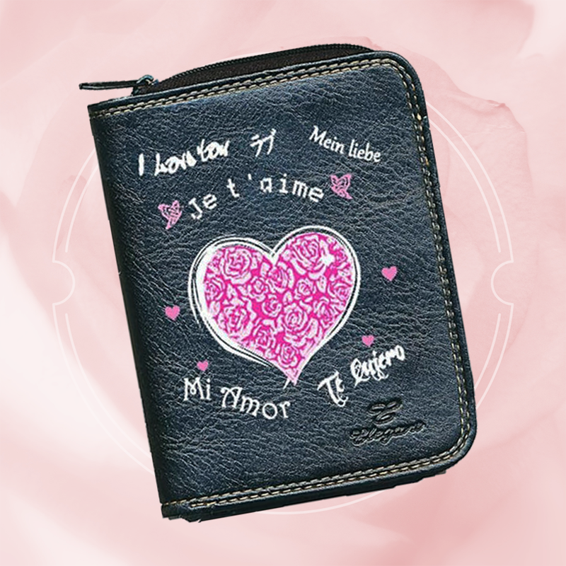 Porte monnaie et carte noir en Simili Cuir pour femme personnalisé Amour fleurs rose