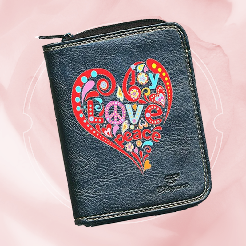 Porte monnaie et carte noir en Simili Cuir pour femme personnalisé Love Peace