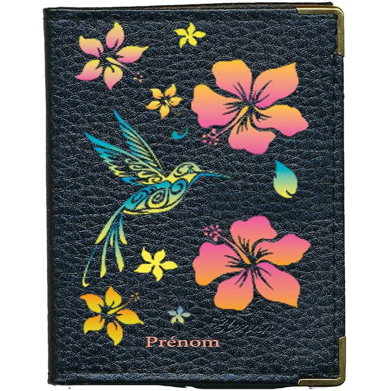 Etui porte carte bancaire et fidélité en Cuir noir personnalisé Colibri Orange