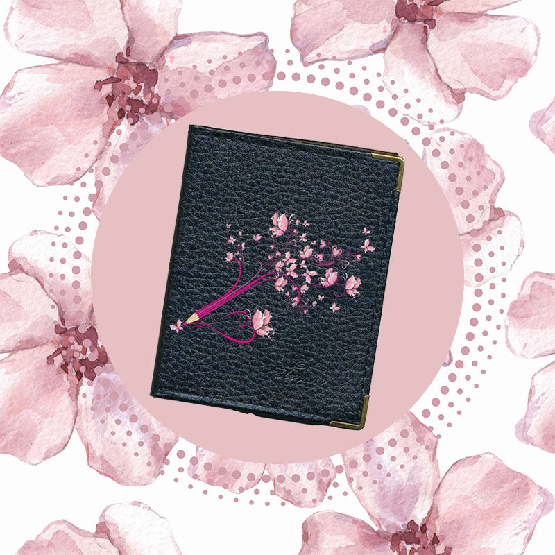 Etui porte carte bancaire et fidélité en Cuir noir Crayon fleuri