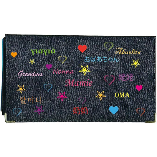 Porte chéquier et carte en cuir noir pour femme personnalisé Mamie pays