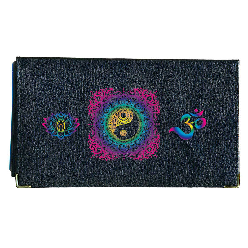 Porte chéquier et carte en cuir noir pour femme personnalisé Mandala Ying Yang