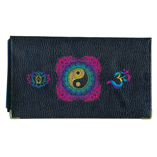 Porte chéquier et carte en cuir noir pour femme personnalisé Mandala Ying Yang