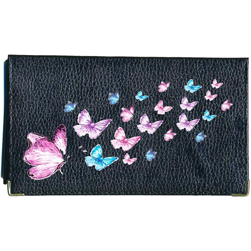 Porte chéquier et carte en cuir noir pour femme personnalisé Multi papillon
