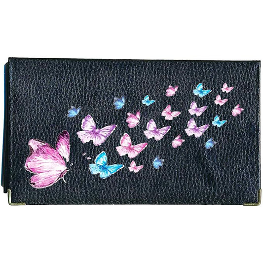 Porte chéquier et carte en cuir noir pour femme personnalisé Multi papillon