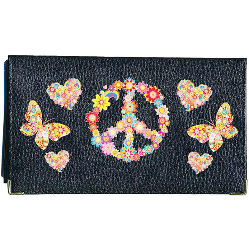 Porte chéquier et carte en cuir noir pour femme personnalisé Peace