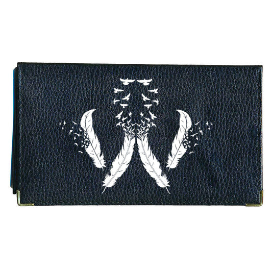 Porte chéquier et carte en cuir noir pour femme personnalisé Plume blanche