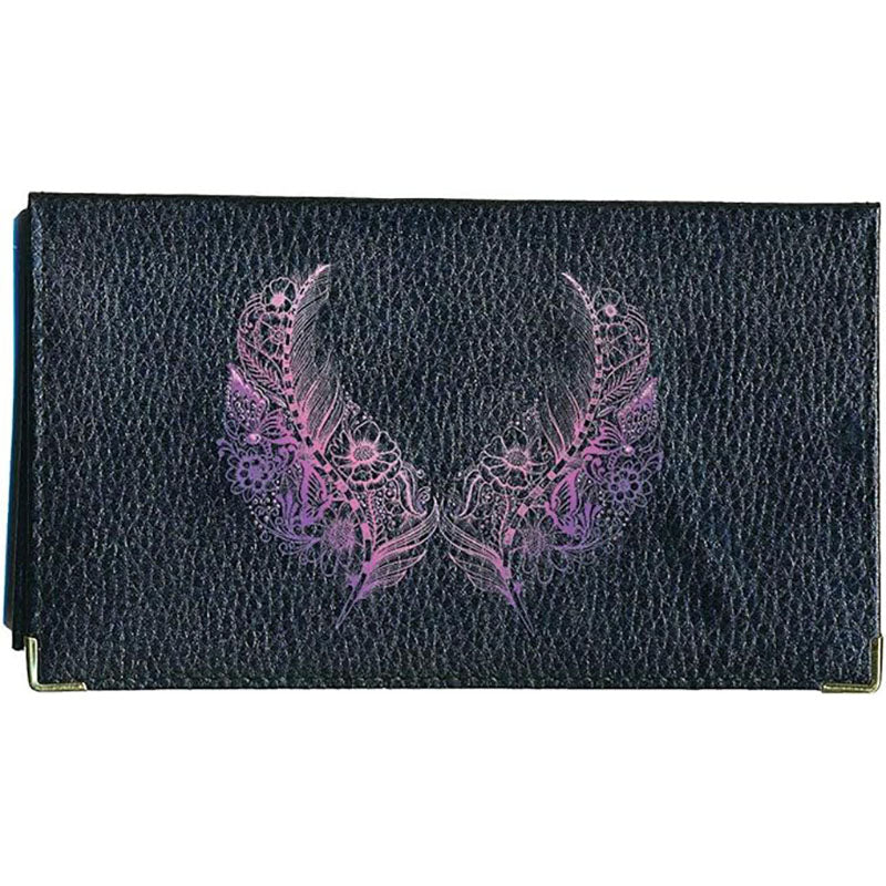 Porte chéquier et carte en cuir noir pour femme personnalisé Plume Mauve