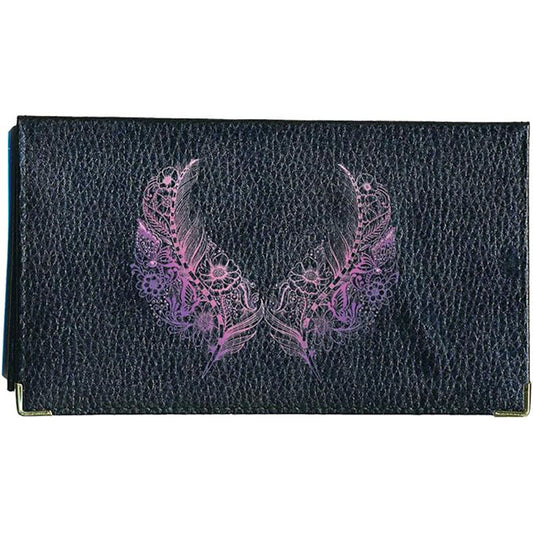 Porte chéquier et carte en cuir noir pour femme personnalisé Plume Mauve