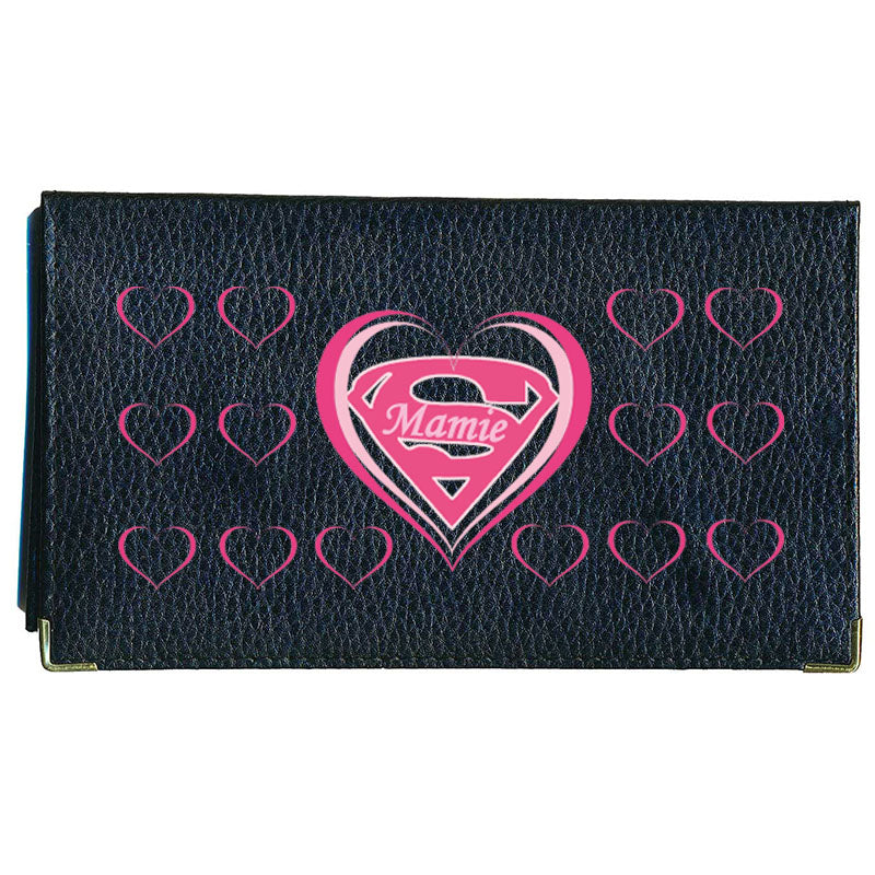 Porte chéquier et carte en cuir noir pour femme personnalisé Super Mamie Coeur