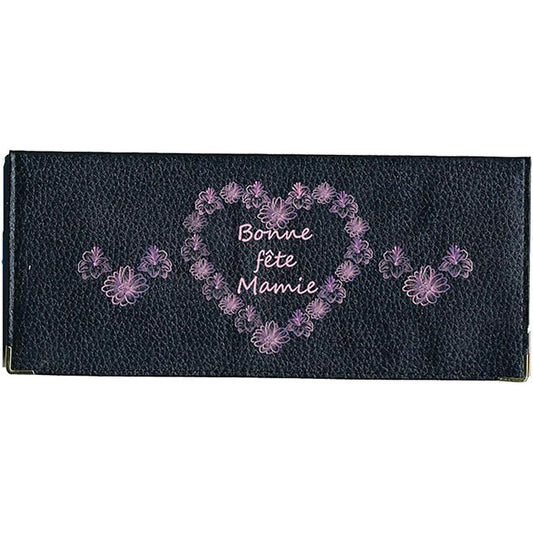 Porte Chéquier long en cuir noir personnalisé avec personnalisé Bonne fête Mamie