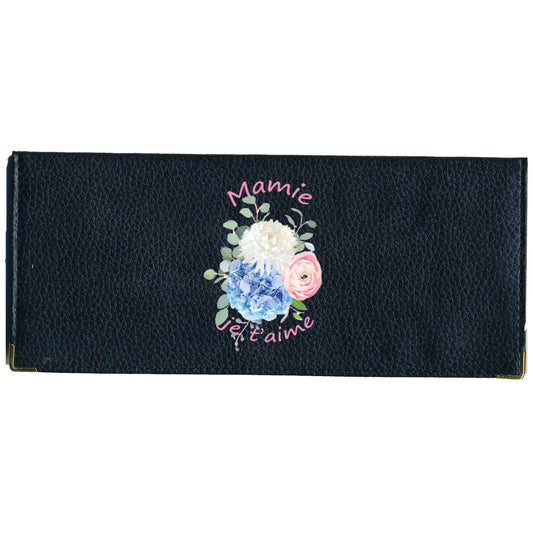 Porte Chéquier long en cuir noir personnalisé avec personnalisé Mamie Je t'aime