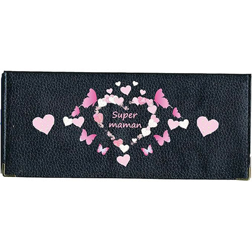 Porte Chéquier long en cuir noir personnalisé Super Maman Coeur