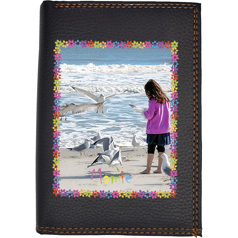 Portefeuille Porte Monnaie noir en simili cuir pour femme personnalisé fleurs avec photo