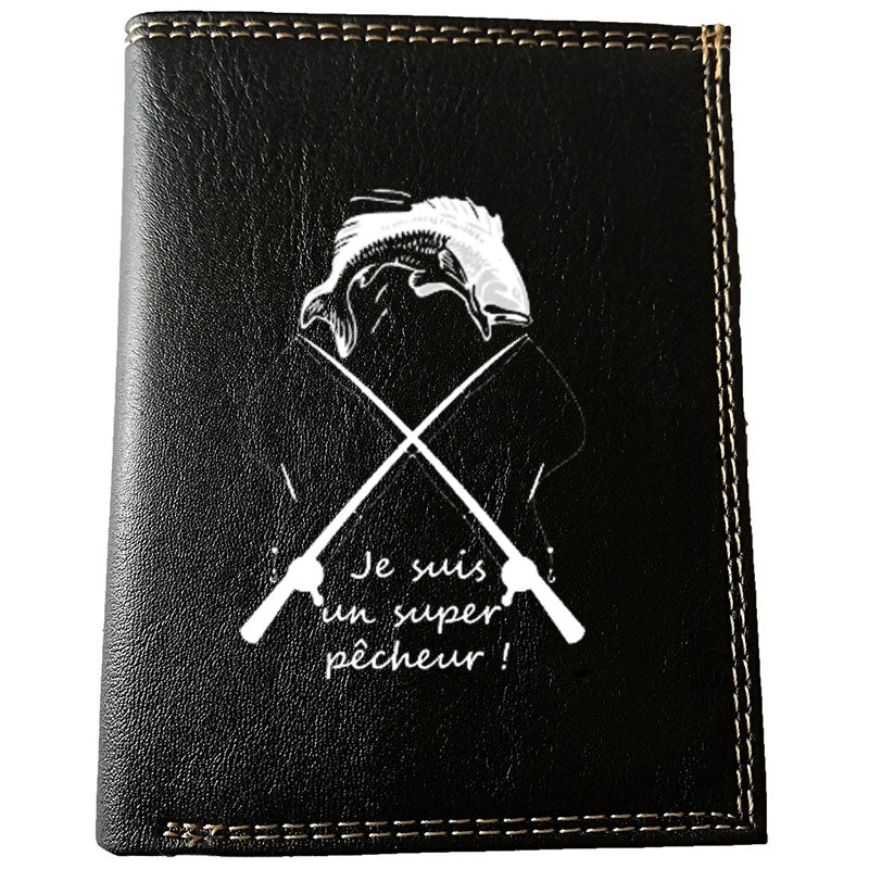 Petit Portefeuille Homme noir avec Porte Monnaie Super Pêcheur personnalisé avec prénom