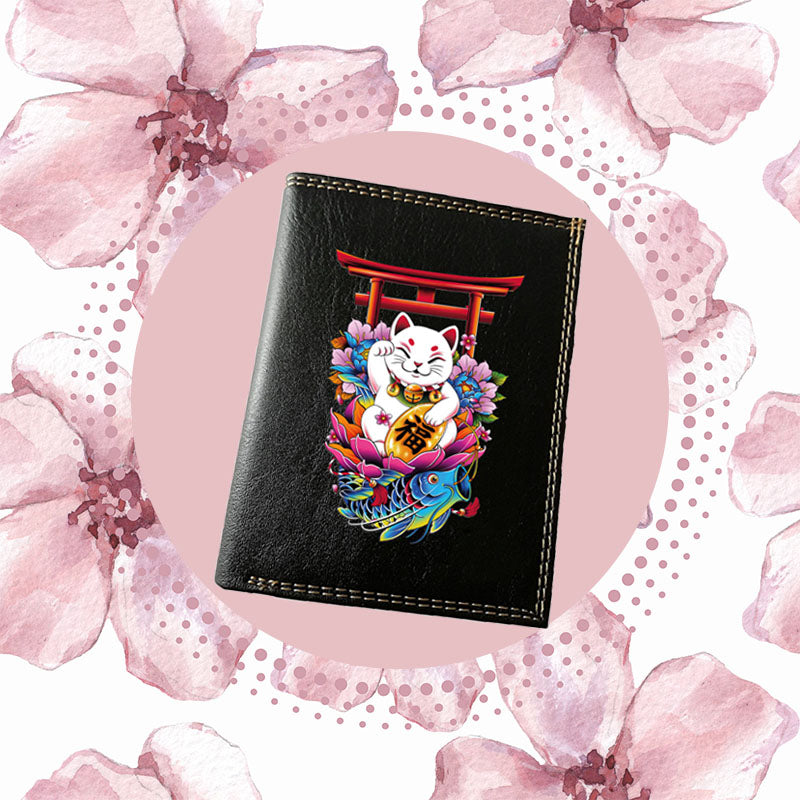 Petit Portefeuille porte monnaie noir personnalisé Chat Manekineko Porte-bonheur