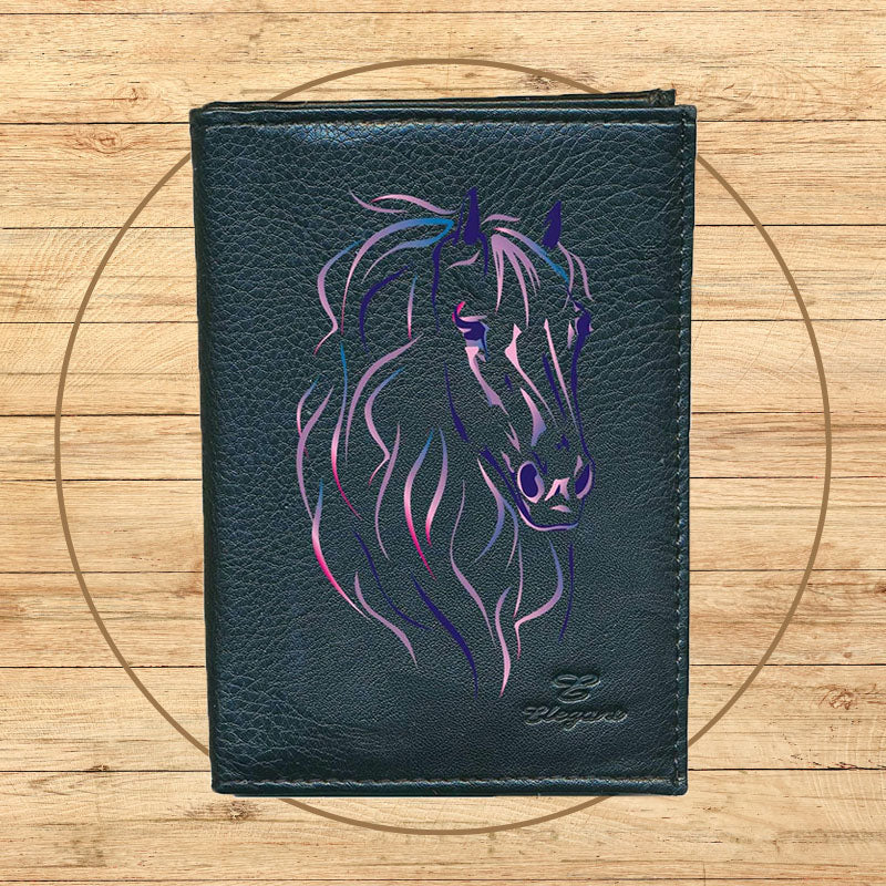 Portefeuille porte monnaie pour femme en simili cuir noir personnalisé Cheval