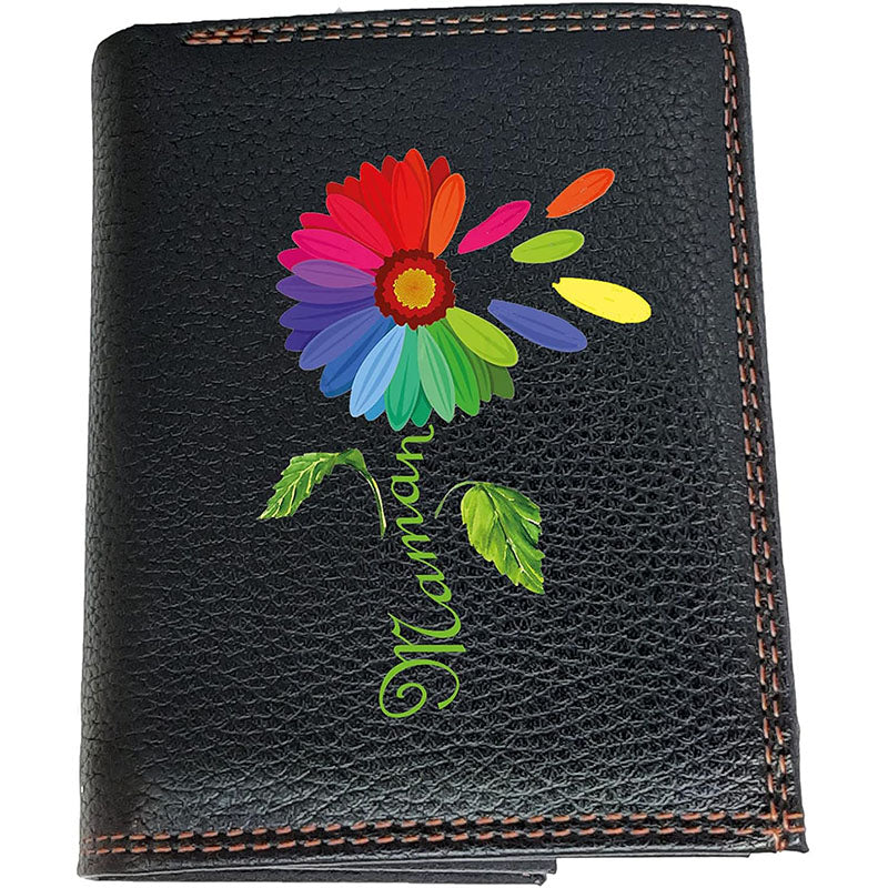 Portefeuille porte monnaie pour femme noir personnalisé Tournesol Maman