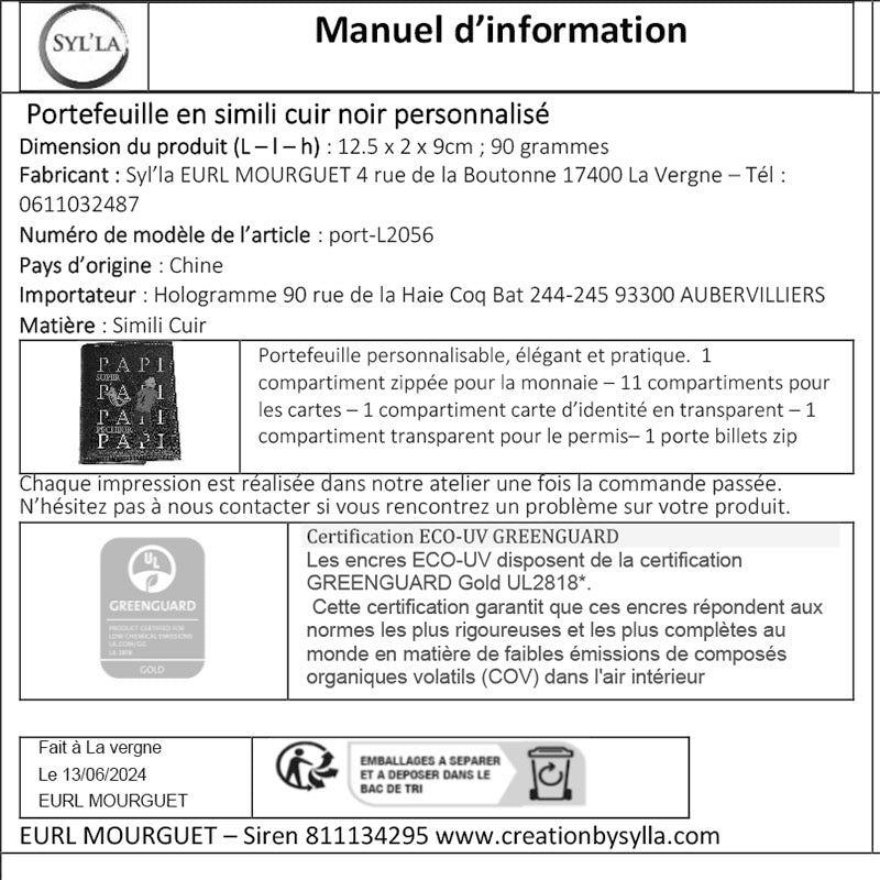 Portefeuille en Simili Cuir personnalisé Papi Pêcheur Pêche
