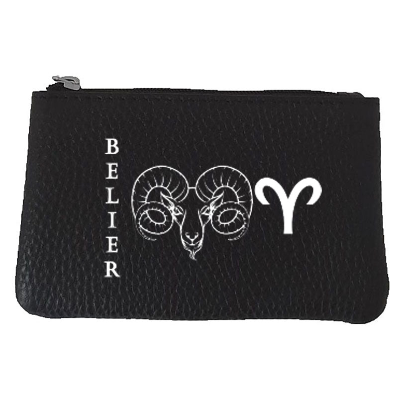 Petit Porte monnaie avec porte clés en Cuir noir personnalisé Signe astrologique