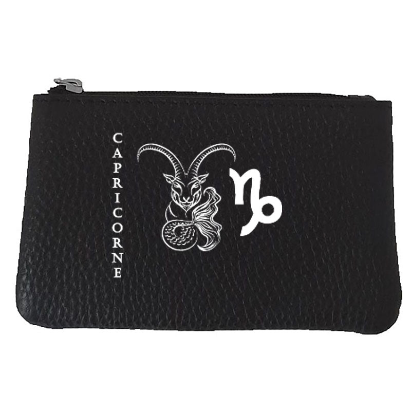 Petit Porte monnaie avec porte clés en Cuir noir personnalisé Signe astrologique