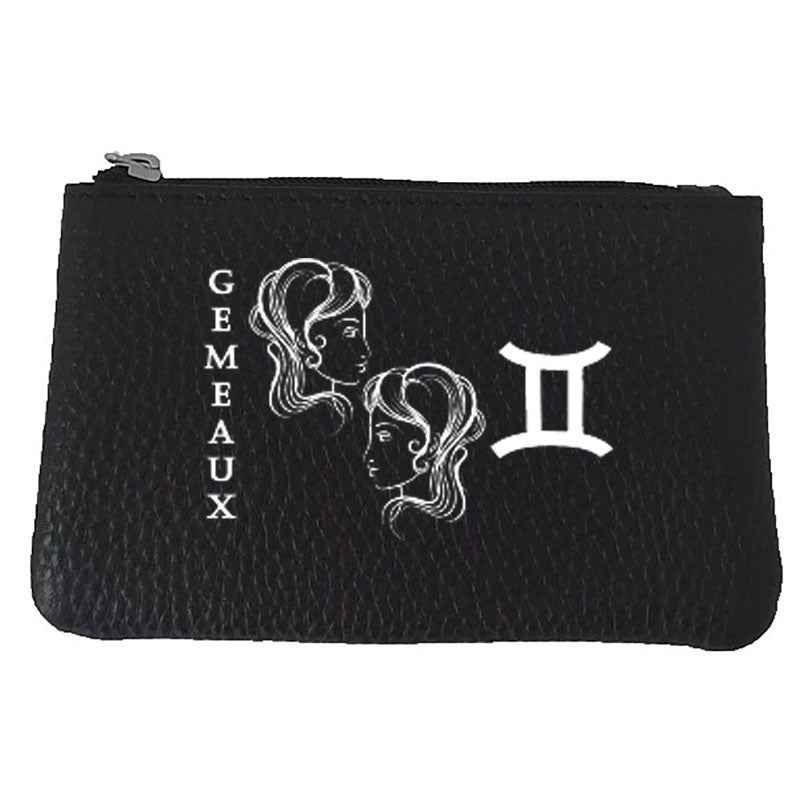 Petit Porte monnaie avec porte clés en Cuir noir personnalisé Signe astrologique