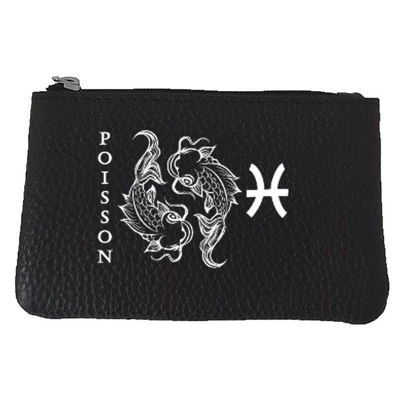 Petit Porte monnaie avec porte clés en Cuir noir personnalisé Signe astrologique