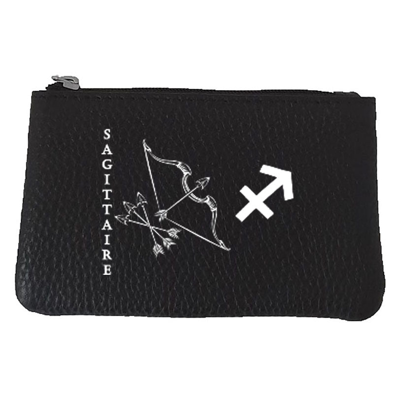 Petit Porte monnaie avec porte clés en Cuir noir personnalisé Signe astrologique