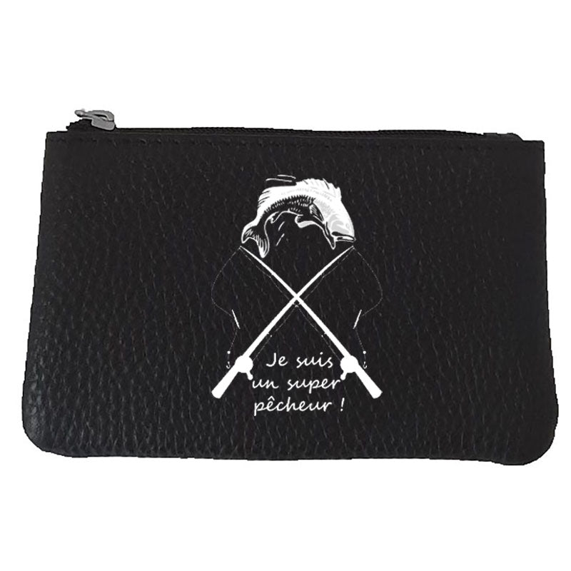 Petit Porte monnaie avec porte clés en Cuir noir pour Homme Super Pêcheur