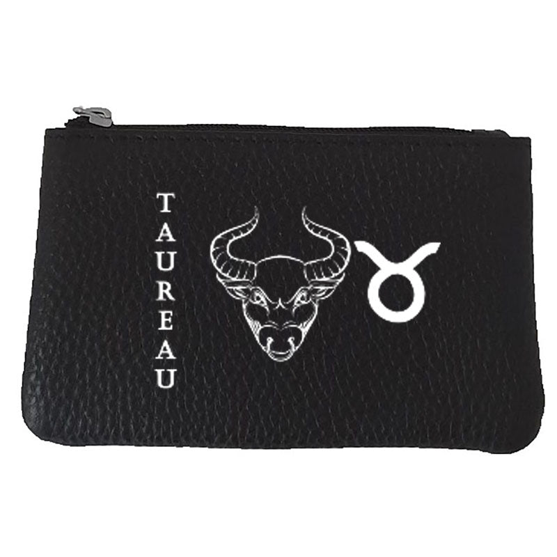 Petit Porte monnaie avec porte clés en Cuir noir personnalisé Signe astrologique