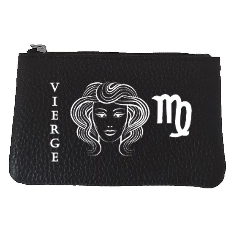Petit Porte monnaie avec porte clés en Cuir noir personnalisé Signe astrologique