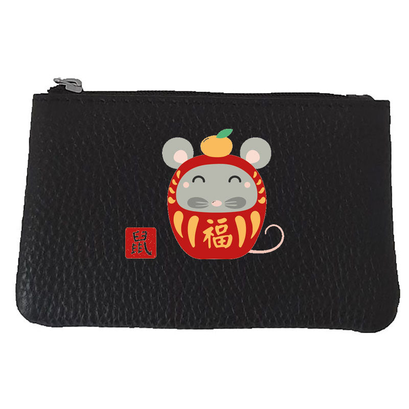 Petit Porte monnaie avec porte clés en Cuir noir personnalisé Signe chinois