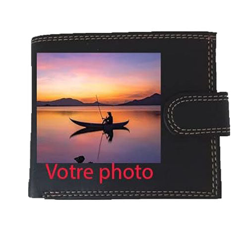 Portefeuille à rabat Porte Monnaie noir en simili personnalisé avec photo logo et texte
