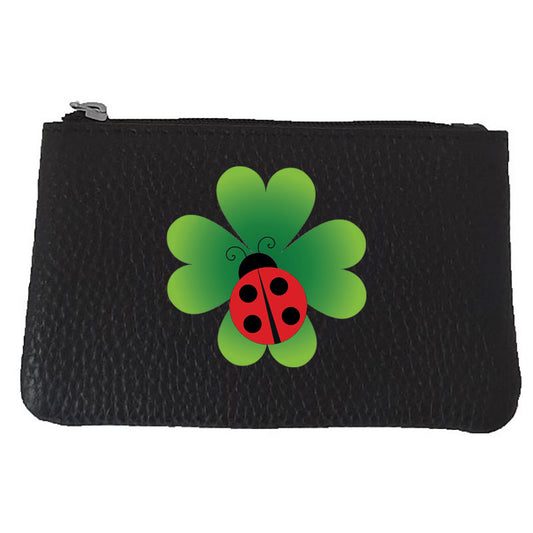 Petit Porte monnaie avec porte clés en Cuir noir pour femme personnalisé coccinelle